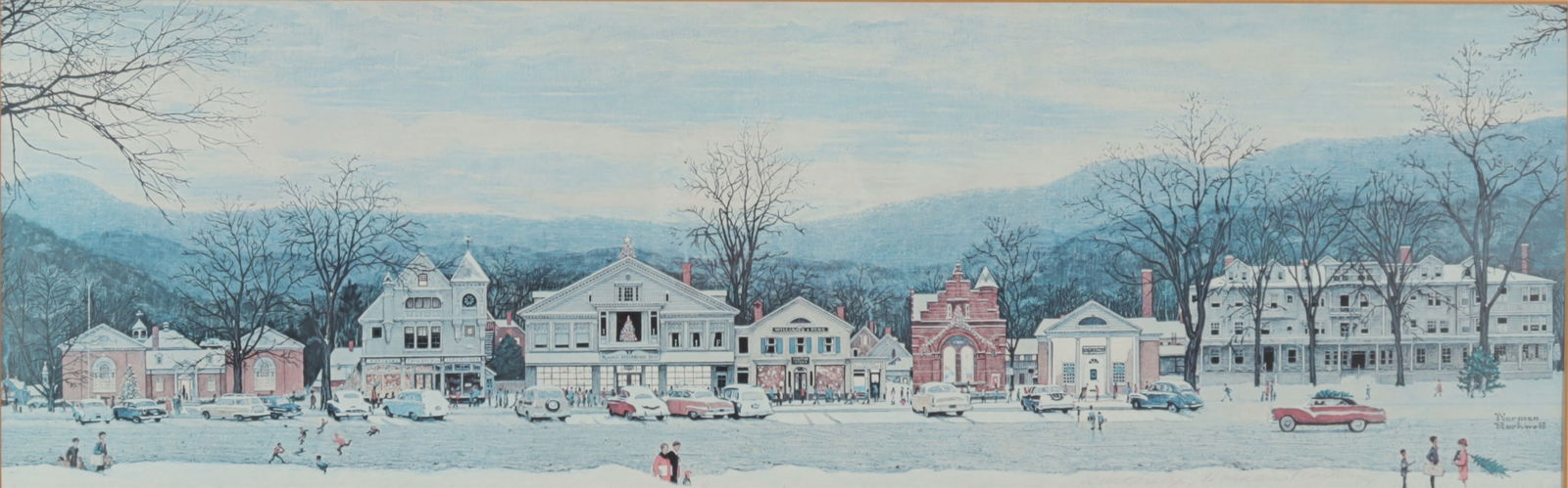 Norman Rockwell - Stockbridge Main St. Print: Norman Rockwell (American, 1894-1978), Main Street Stockbridge, MA, photomechanical print, matted and framed.Dimensions: 8 3/4" H x 24 1/4" W Framed 14 3/4" H x 34 1/8" WProperty from the estate of Na
