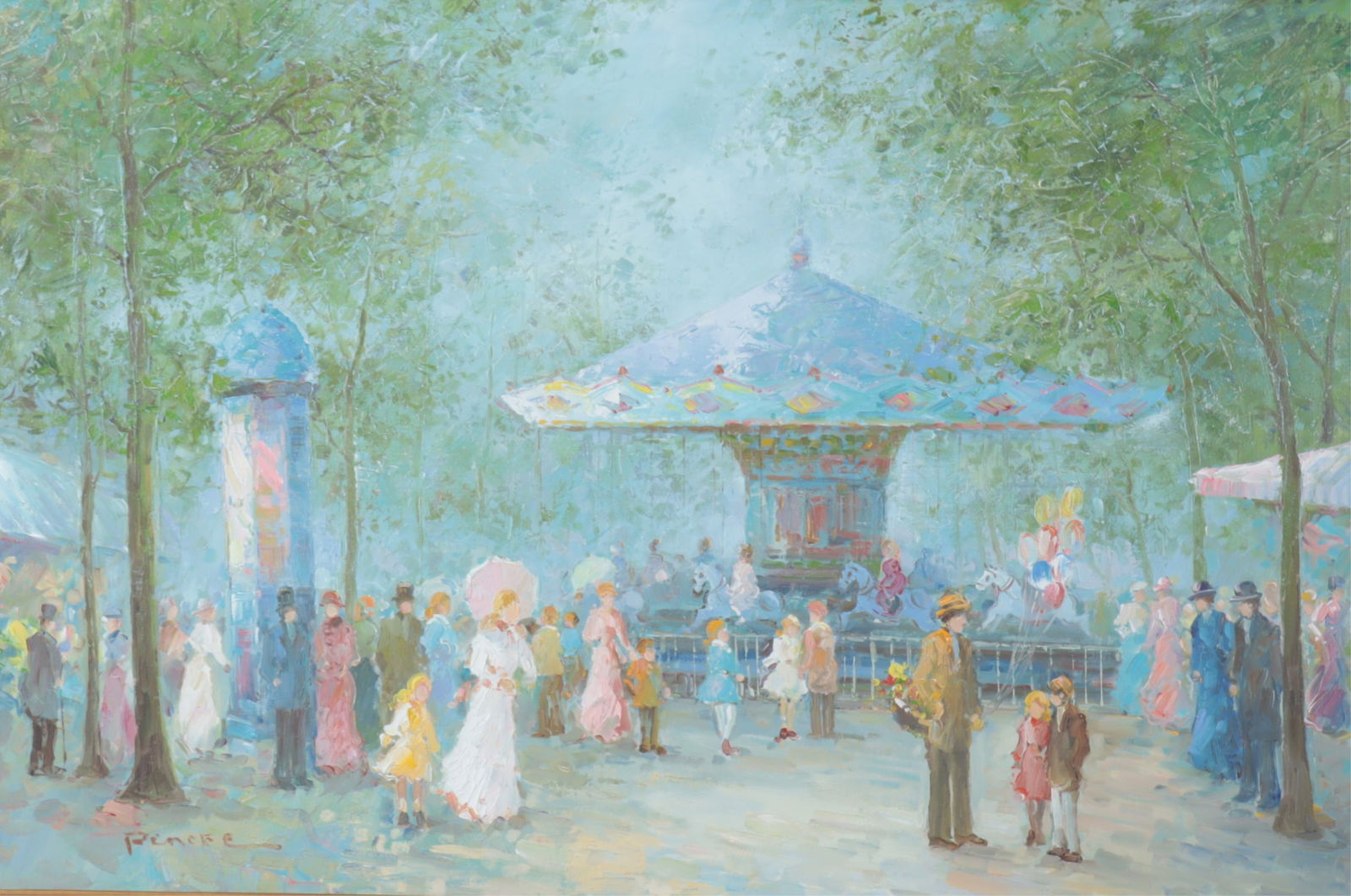 T.E. Penck - Carousel in Park, O/C: T.E. Penck (French, b.1929) Carousel in Park, Oil on Canvas, signed lower leftDimensions: 23.25" H x 35.25" W, Framed 37.5" H x 50" WProperty from the Estate of Mary C. Bailey