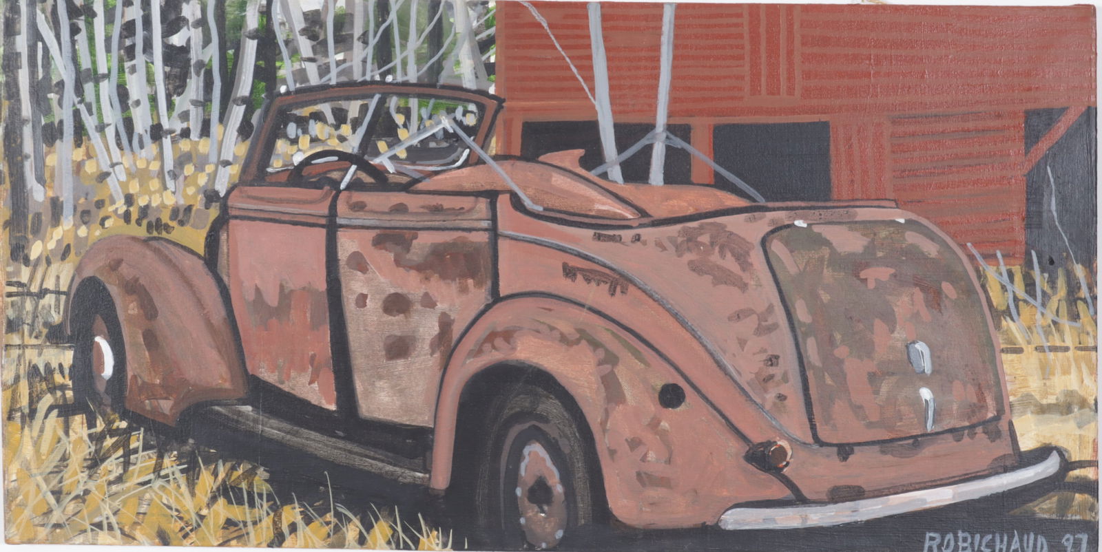 Mark Robichaud - 37 Ford Convertible Sedan A/C: Mark Robichaud (American, 20th C) The 37 Ford Convertible Sedan, Acrylic on Canvas, signed and dated '97 lower right. Signed, titled, and inscribed verso.Dimensions: 15.25" H x 30.25" W, unframed