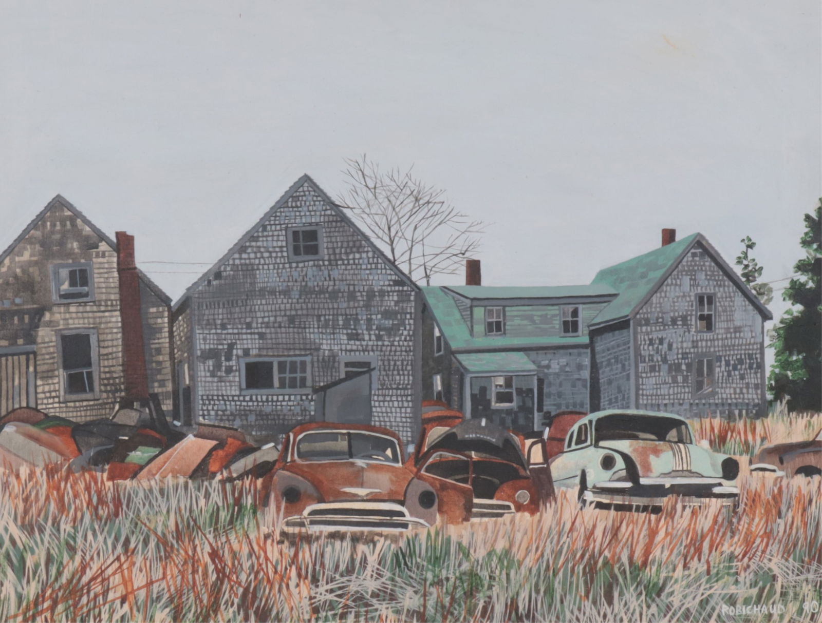 Mark Robichaud - View of Johnny Monroe's House A/C: Mark Robichaud (American, 20th C) The View of Johnny Monroe's House, Acrylic on Canvas, signed and dated '90. Signed and inscribed verso.Dimensions: 24" H x 32" W, Framed 27.25" H x 35.25" W