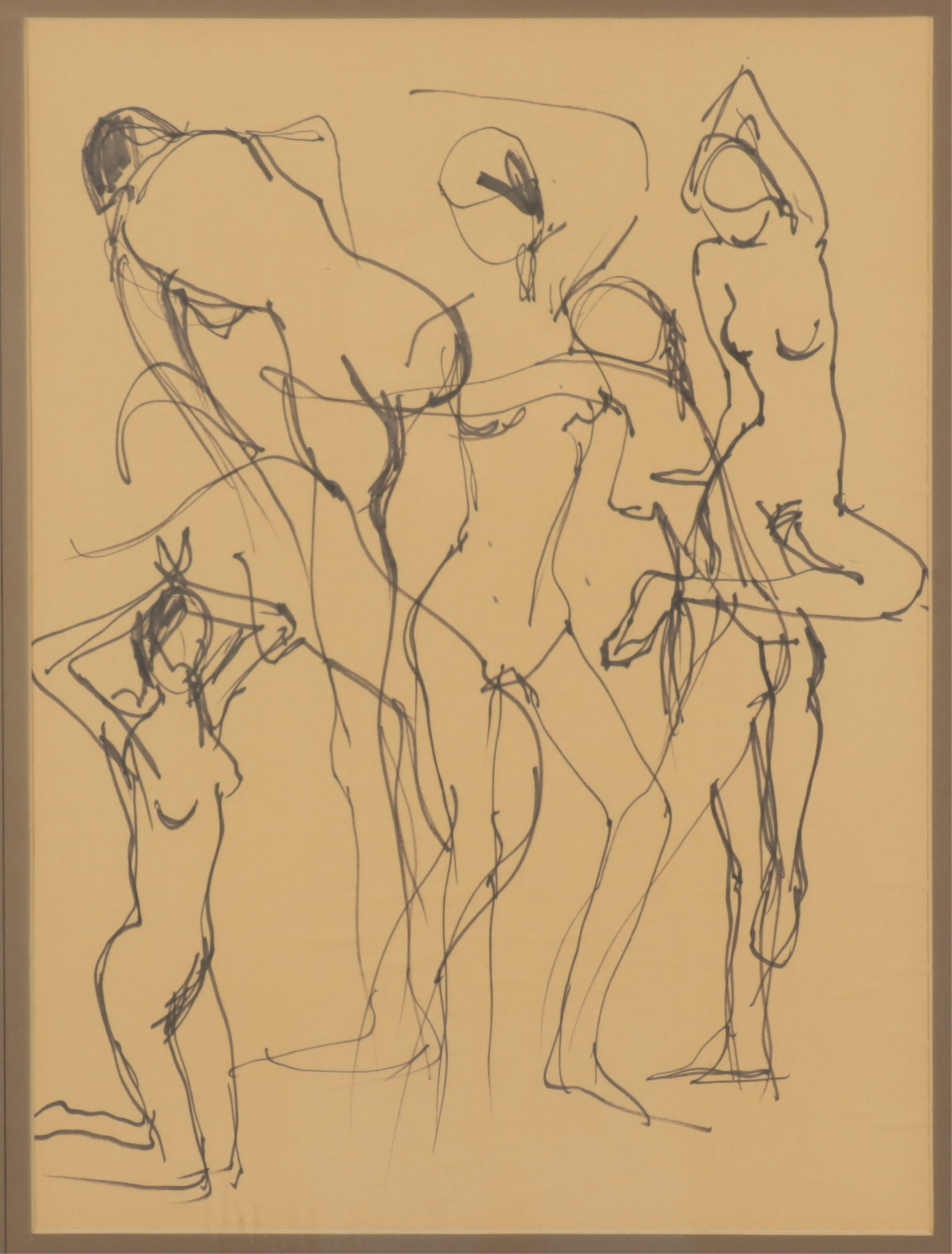 Study of Nudes Ink Drawing, 20th C.: 20th Century School, study of nudes, ink on paper, matted and framed.Dimensions: 23" H x 17" W Framed 28 3/4" H x 22 3/4" WProperty from the estate of Nancy Lee Ryan, an accomplished documentary film