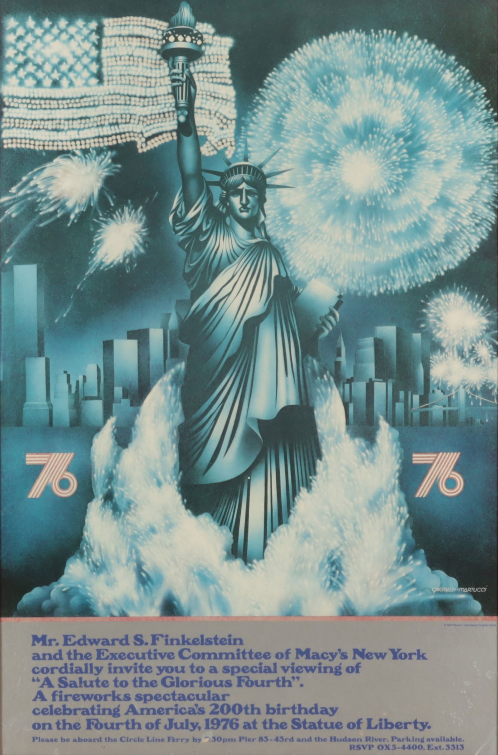 Macy's Bicentennial Poster 1976: Bicentennial Poster, designed by Cheryl Griesbach and Stanley Martucci, published by Macy's New York, lithograph, in a red, white and blue painted metal frame.Dimensions: Framed 38 1/4" H x 25-1/8"