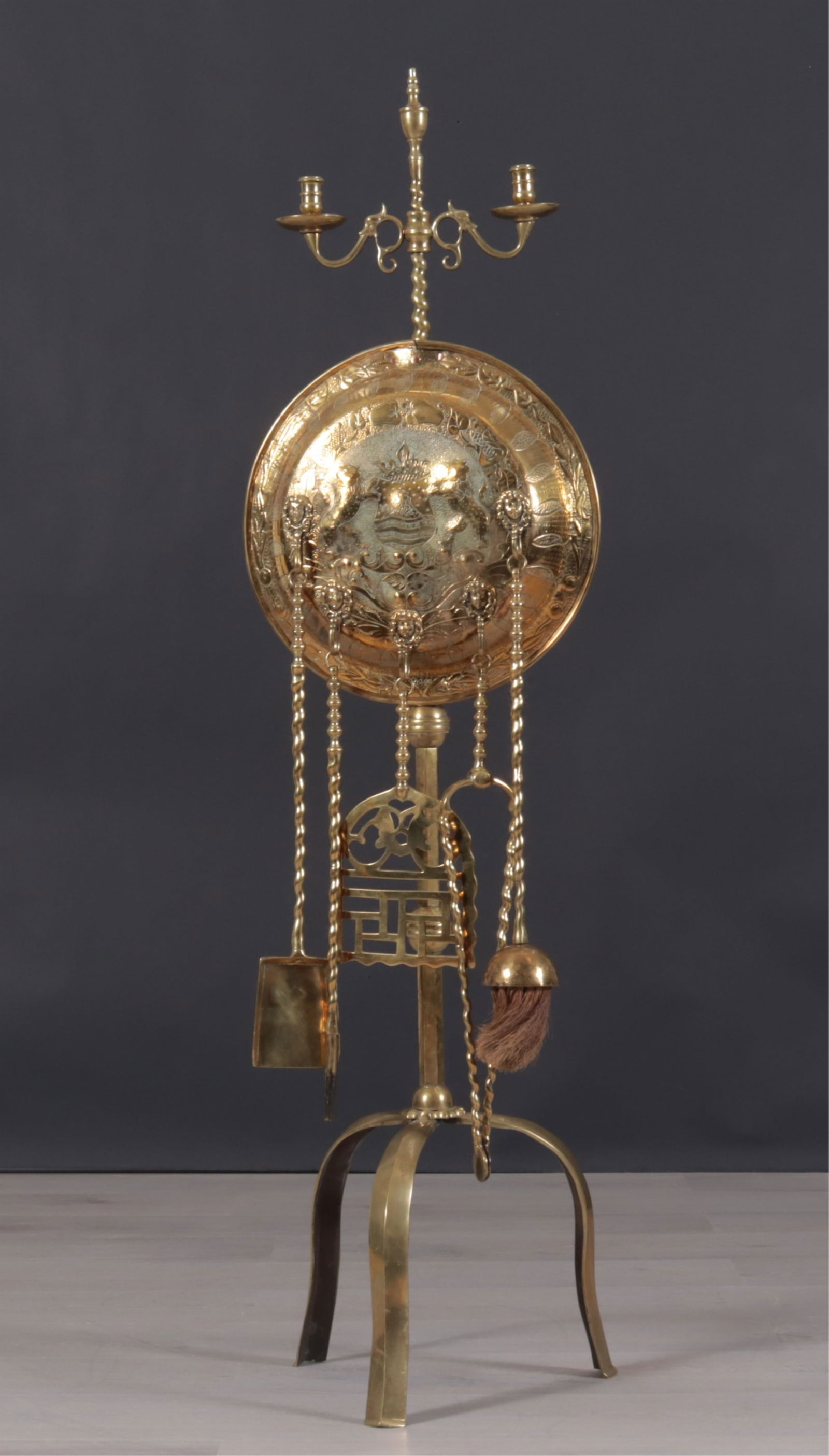 English Brass Repousse Fire Tool Stand, 18/19th C (1 of 5)