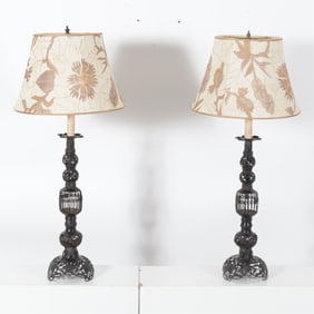 Pair Japanese Bronze Candle Stands as Lamps