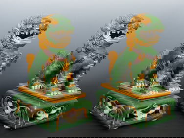 Pair Chinese Style Green & Ochre Glazed Fu Dogs