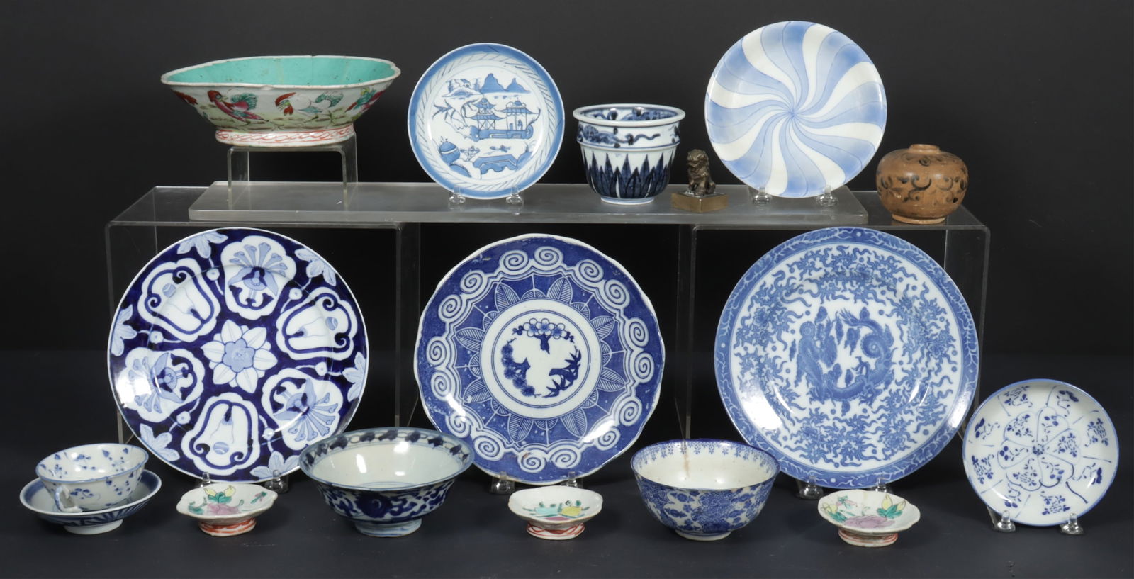 Group of Chinese and Asian Porcelain Tableware: Group of Chinese and Asian Porcelain Tableware, together with a brass seal.Dimensions: Largest bowl 8.75" diameter