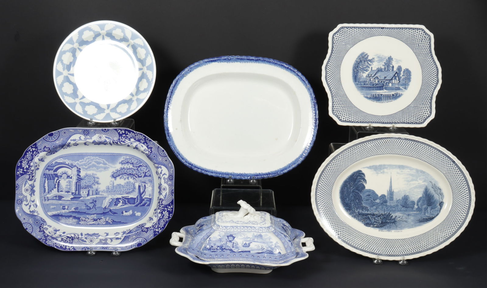 Group of English Porcelain, 19th/20th C: Stoke-Upon-Trent covered porcelain serving dishes by T. Mayer, canova pattern with floral knob. Together with Hall platter and blue & white plate, all 19th century. Spode and two Myott, 20th century.D