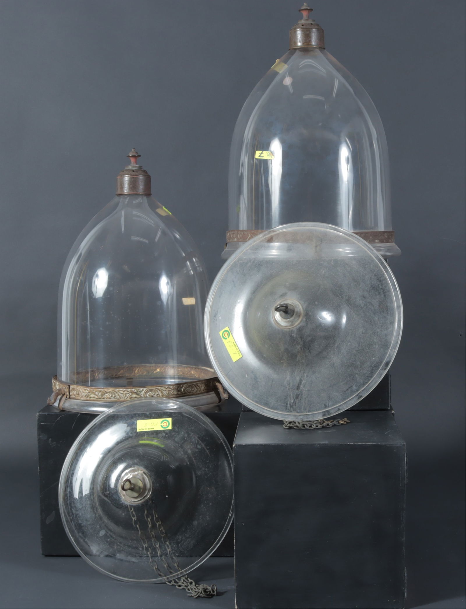 George III Style Brass & Glass Bell Jar Lanterns: Matched Pair George III Style Brass & Glass Bell Jar LanternsDimensions: Lower shade 18.5" HProperty from the Estate of Isobel & Price Glover, Litchfield, CT.