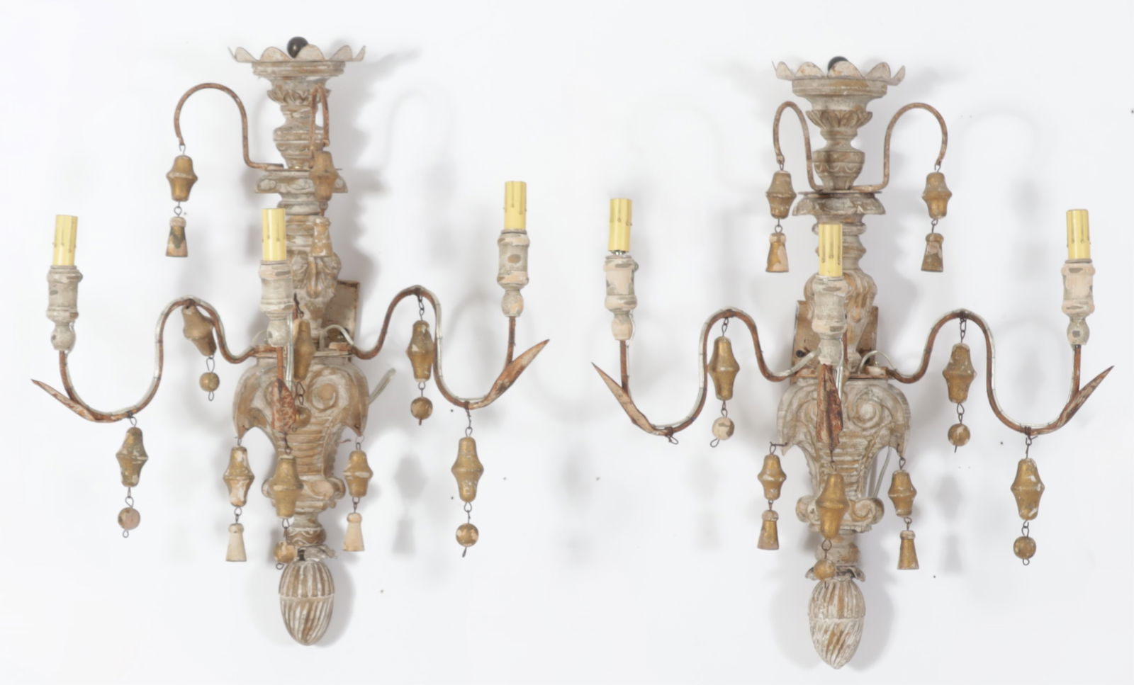 Pair of Regency Style Sconces: Pair Regency Style Gold and Grey Painted Sconces, with three iron arms.Dimensions: 26" H x 22" W