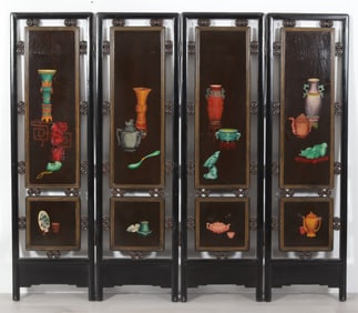 Chinese Hardstone Mtd Black Lacquer Screen