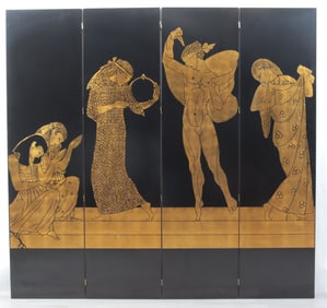 Art Deco Gilt & Black Lacquer 4-Fold Screen