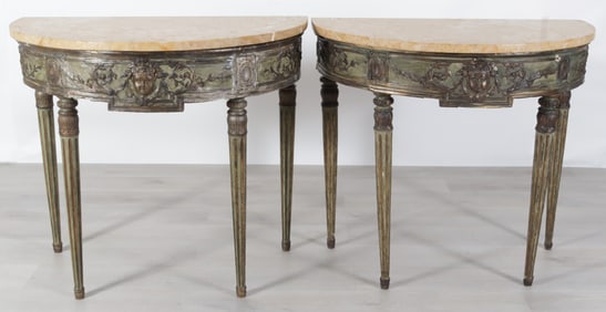 Pair Italian Gilt, Green Painted & Gesso Consoles