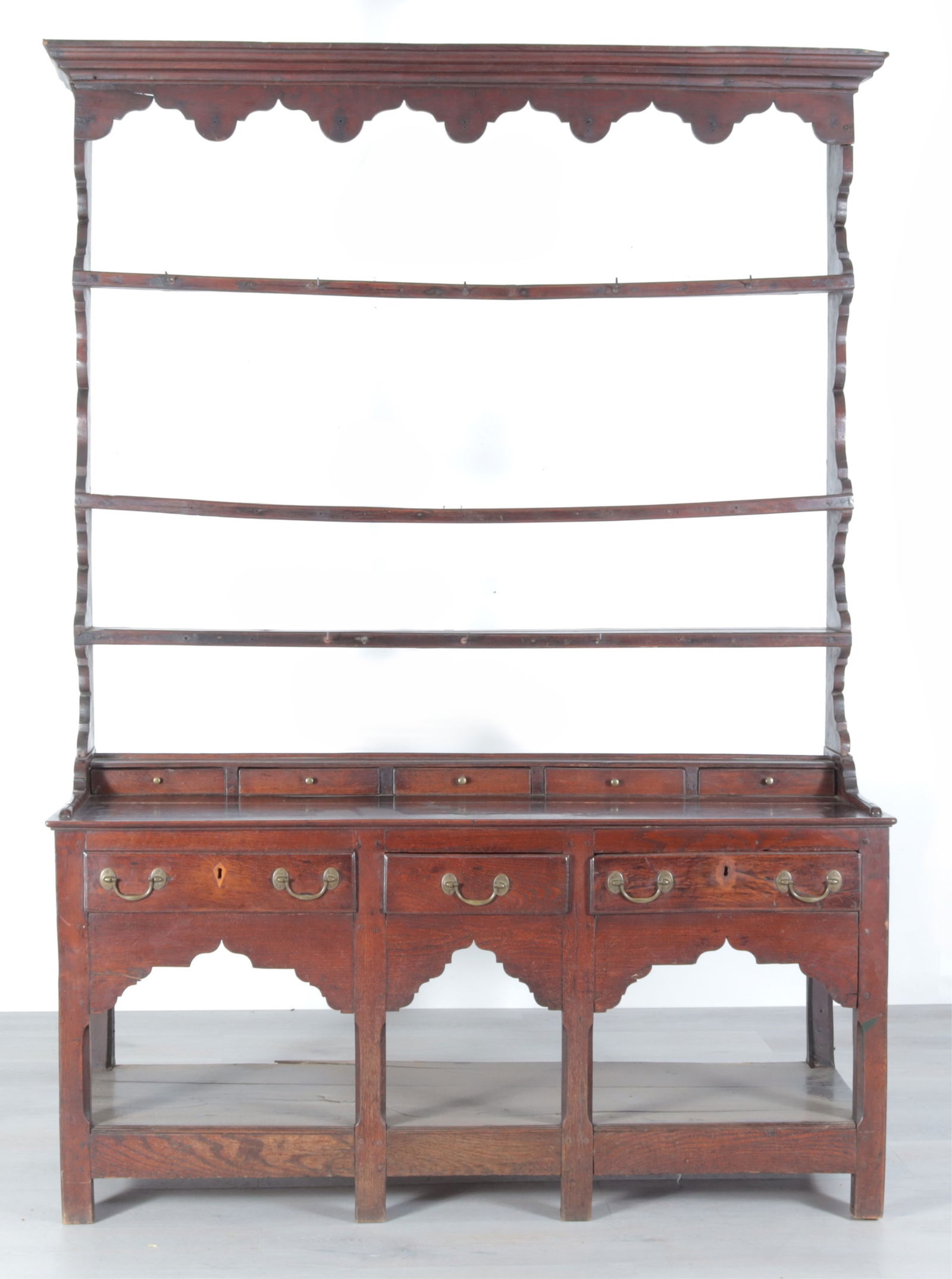 English Oak Dresser with Plate Rack, 18th C./Later: English Oak Dresser with Plate Rack, 18th C. with later replacements. Dimensions: 81.5" H x 57.75" W x 19.25" D