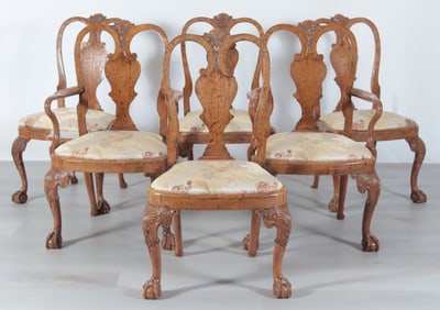 Six George I Style Burl Walnut Dining Chairs