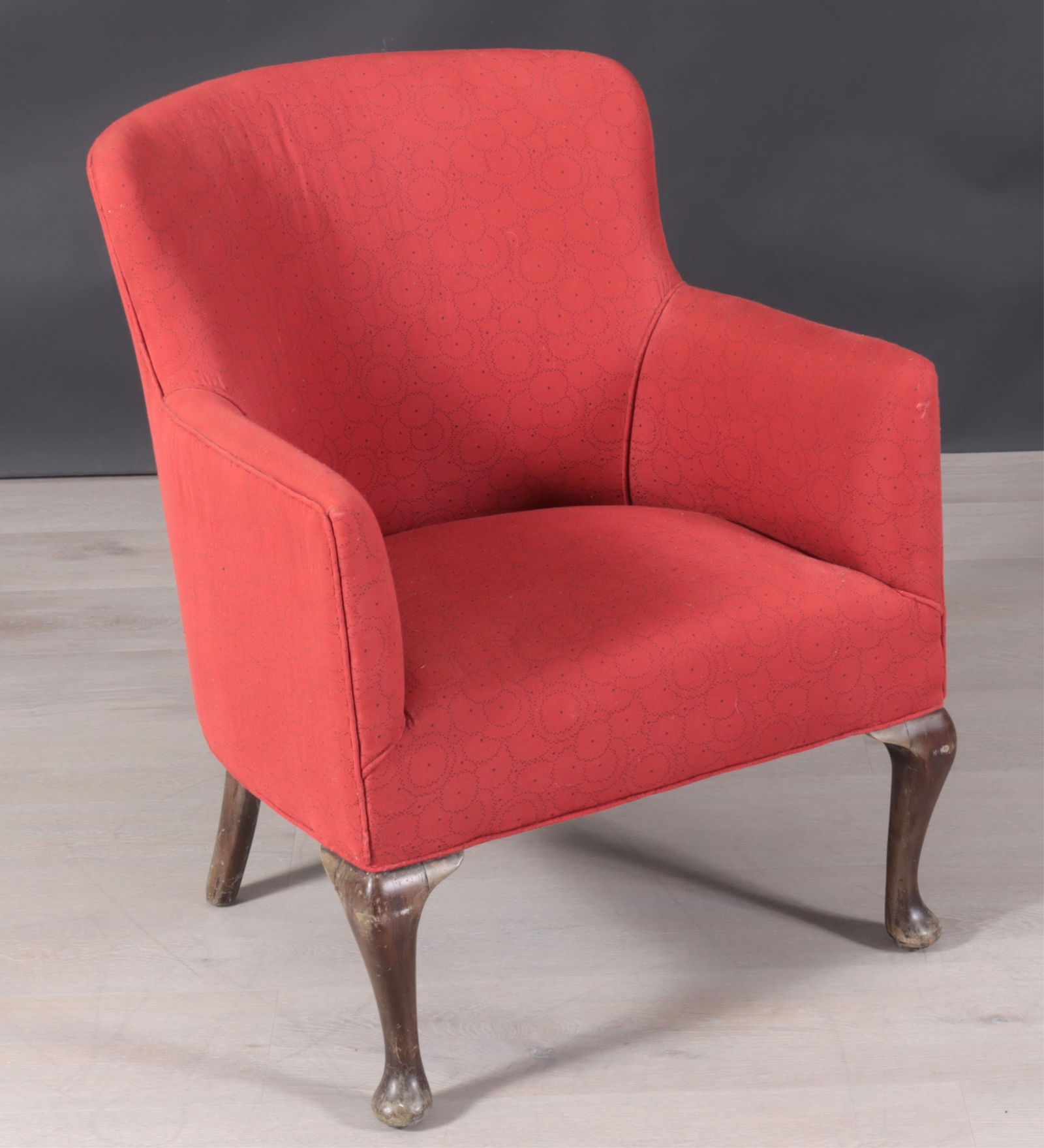 Queen Anne Style Boudoir Chair: Queen Anne Style Boudoir Chair, upholstered in contemporary red printed fabricDimensions: 31 x 25 x 25