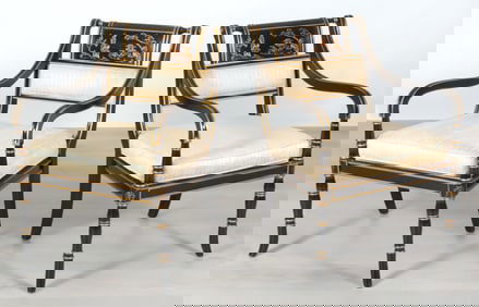 Pr Regency Style Parcel Gilt Black Lacquer Chairs