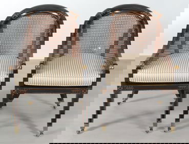 Pair Regency Style Black Lacquer Spoonback Chairs