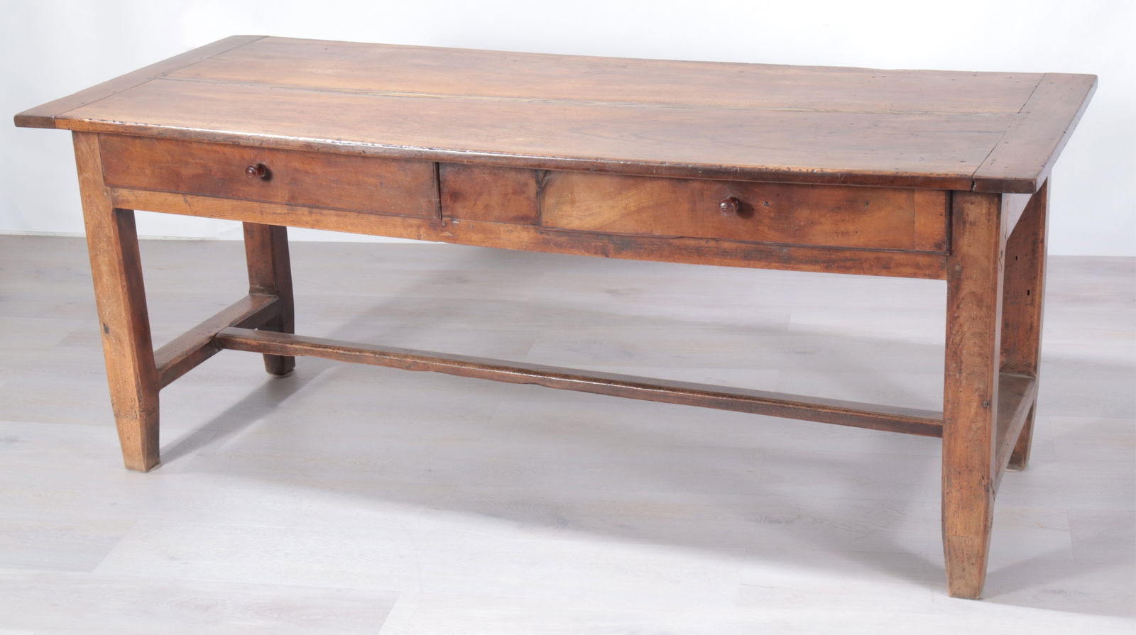 French Provincial Cherry Farm Table: French Provincial Cherry Farm Table. Beadboard ends, two drawers.Dimensions: 31" H x 30.75" W x 77" L