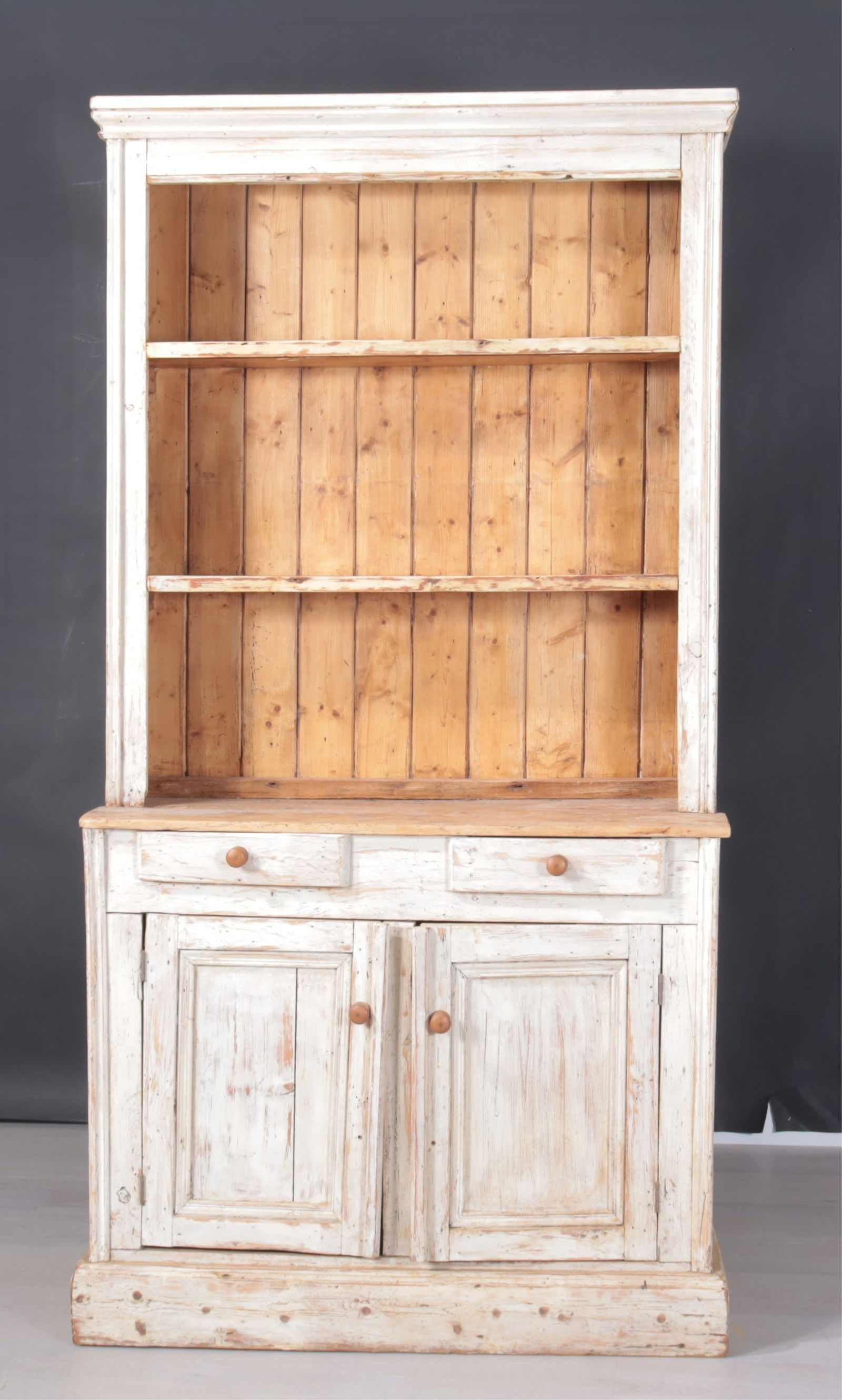 English Pine Step Back Cupboard: English Pine Step Back Cupboard, painted white.Dimensions: 84" H x 42.75" W x 15.5" D