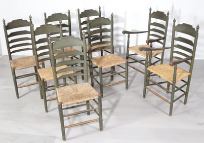 8 Green Painted Ladder Back Dining Chairs