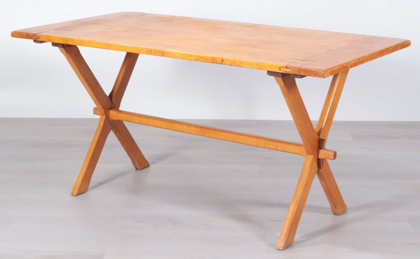 Pine Sawbuck Table: Sawbuck Table - Pine, Dove tail extensions, American 20th CDimensions: 60" L x 29" W x 29" H