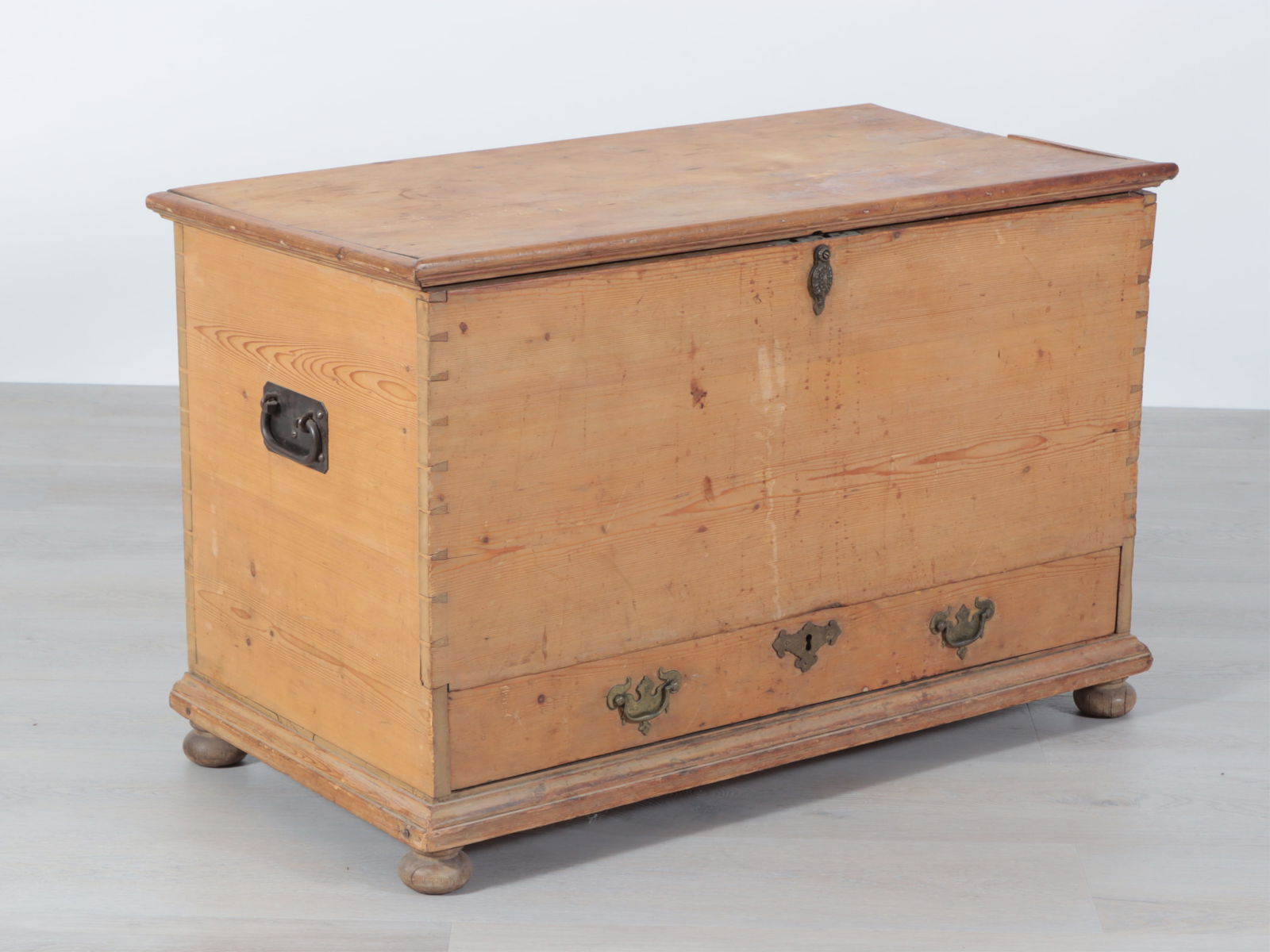 Country Pine Captain's Chest: Country Pine Captain's Chest, fitted with two drawers and interior compartments, decoupage interiorDimensions: 23.75" H x 37.75" W x 19.7" D