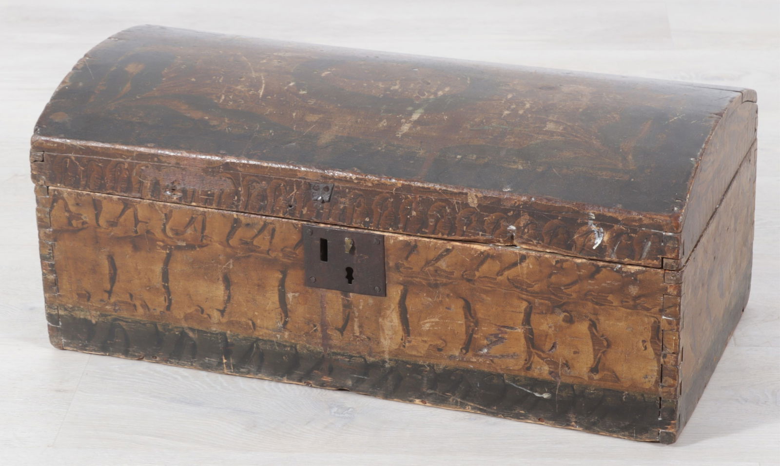 Grain Painted Dome Top Box: Grain painted dome-top box, 19th Century, with original iron latch.Dimensions: 10 1/4" H x 24" W x 12 1/4" D