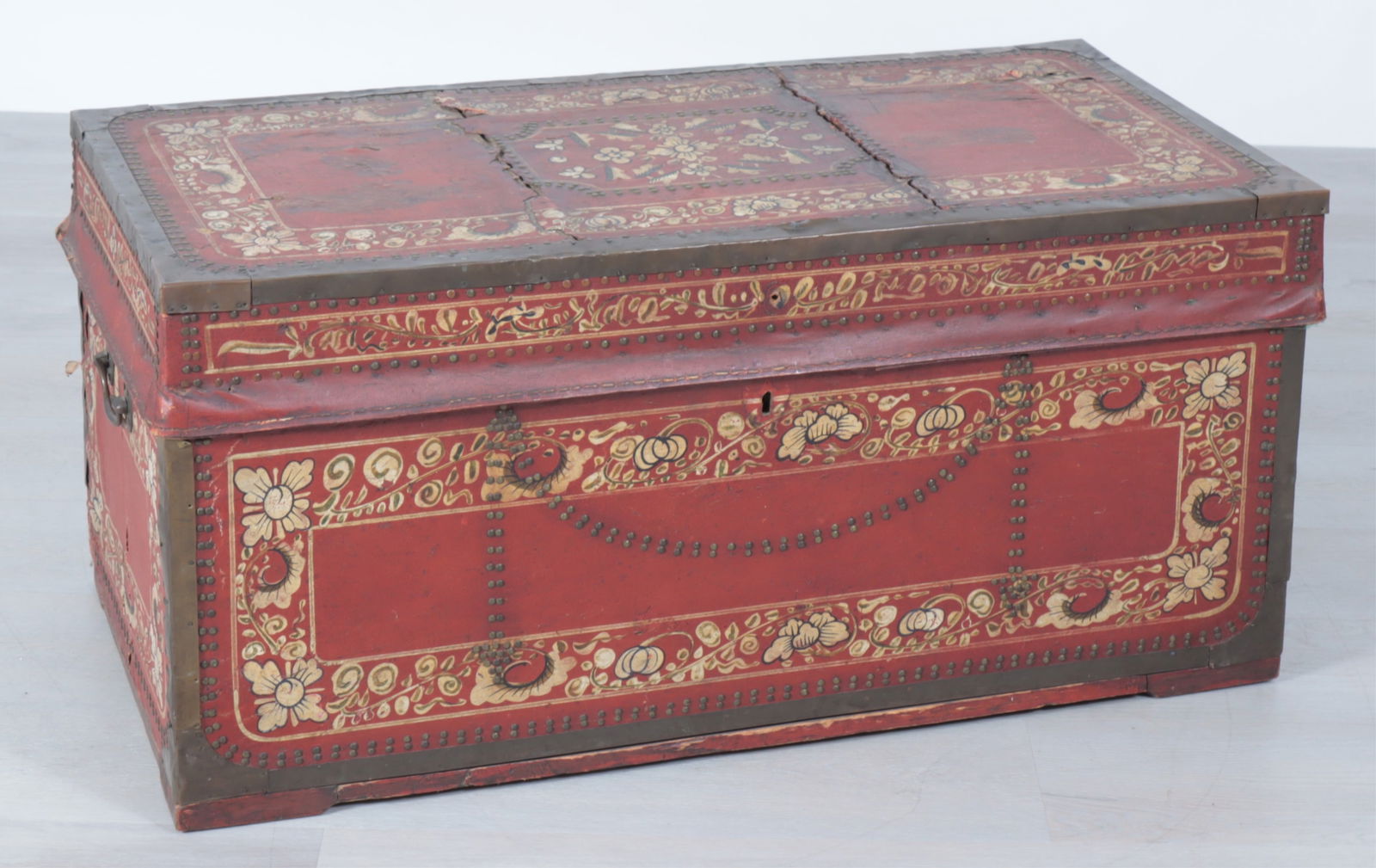 Chinese Brass Mounted Red Painted Leather Trunk: Chinese Brass Mounted Red Painted Leather Trunk, camphor linedDimensions: 19" H x 40" W x 20.25" D