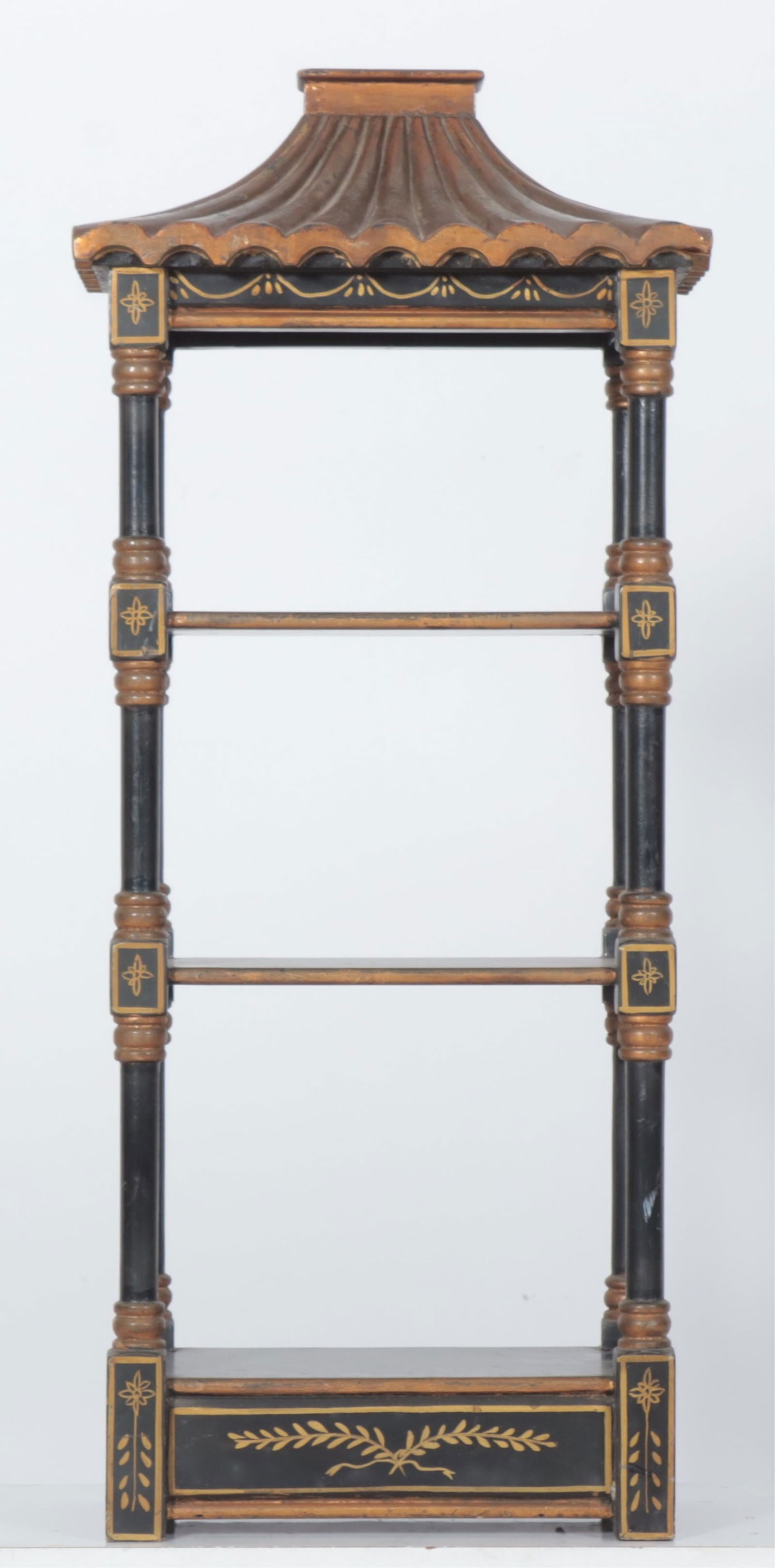 Regency Style Chinoiserie Hanging Shelf: Regency Style Gold and Black Painted Chinoiserie Hanging Shelf, pagoda topDimensions: 29.75" H x 12.75" W x 7.5" D