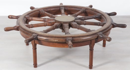 Brass Mounted Teak Ship's Wheel Coffee Table, 19C