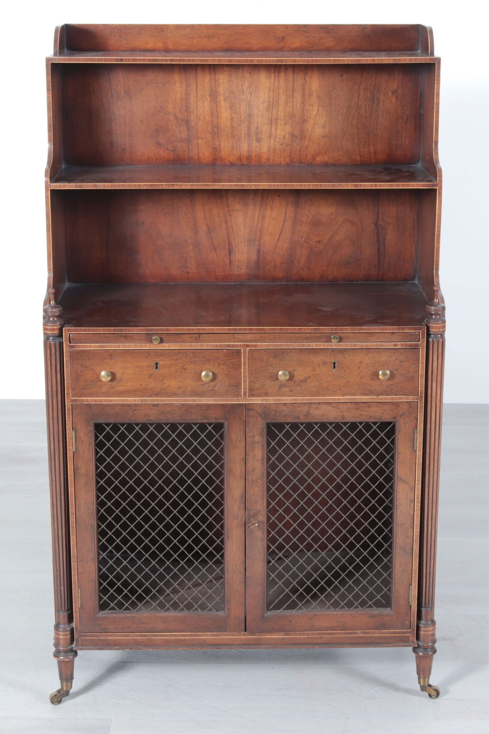 Gallows Style Inlaid Mahogany Dwarf Bookcase: Gallows Style Inlaid Mahogany Dwarf BookcaseDimensions: 49" H x 28.5" W x 15" D