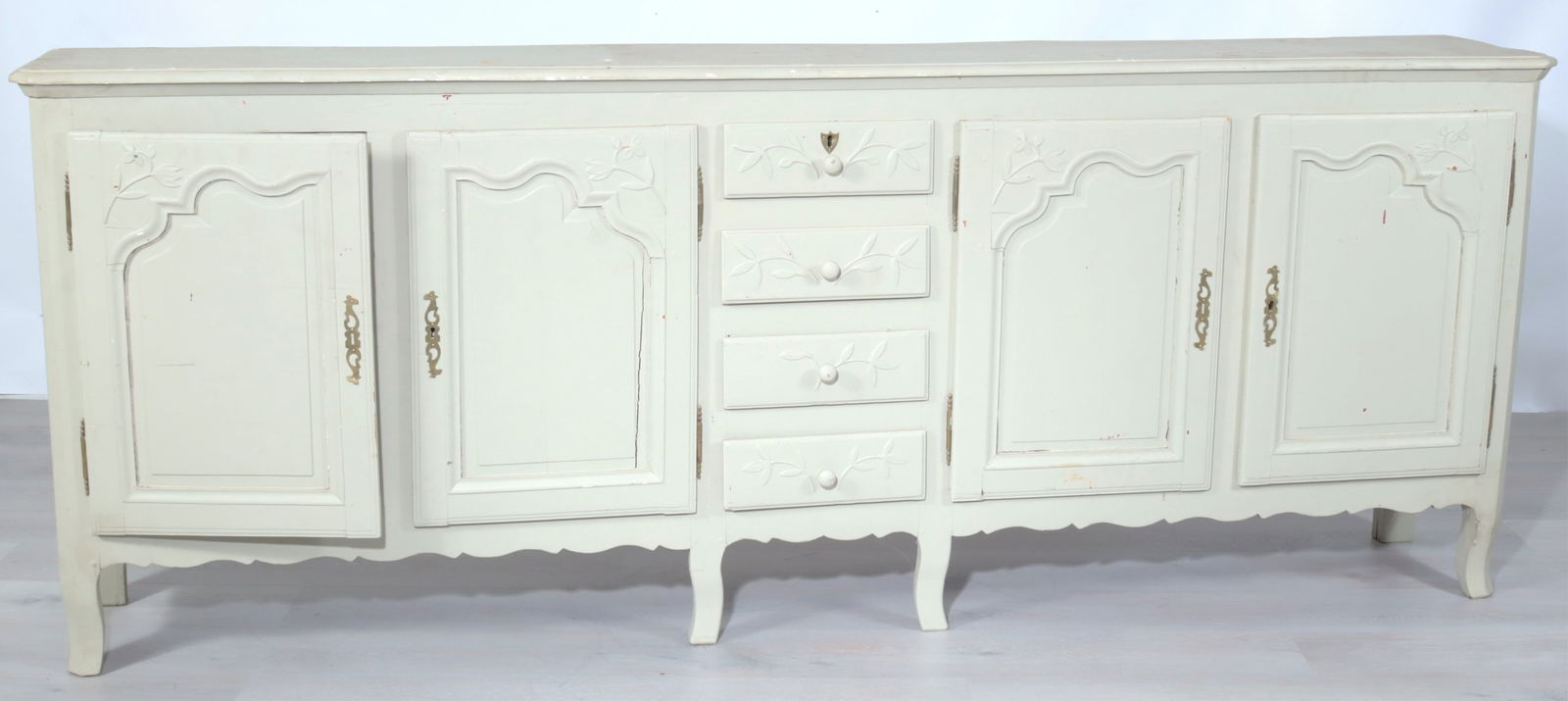 French Provincial Green Painted Buffet, 19/20C: French Provincial Green Painted Buffet, Late 19th/Early 20th C.Dimensions: 40.25" H x 104" W x 16.5" D