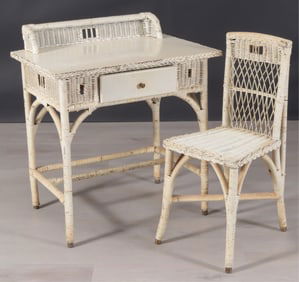 White Painted Rattan Dressing Table & Chair