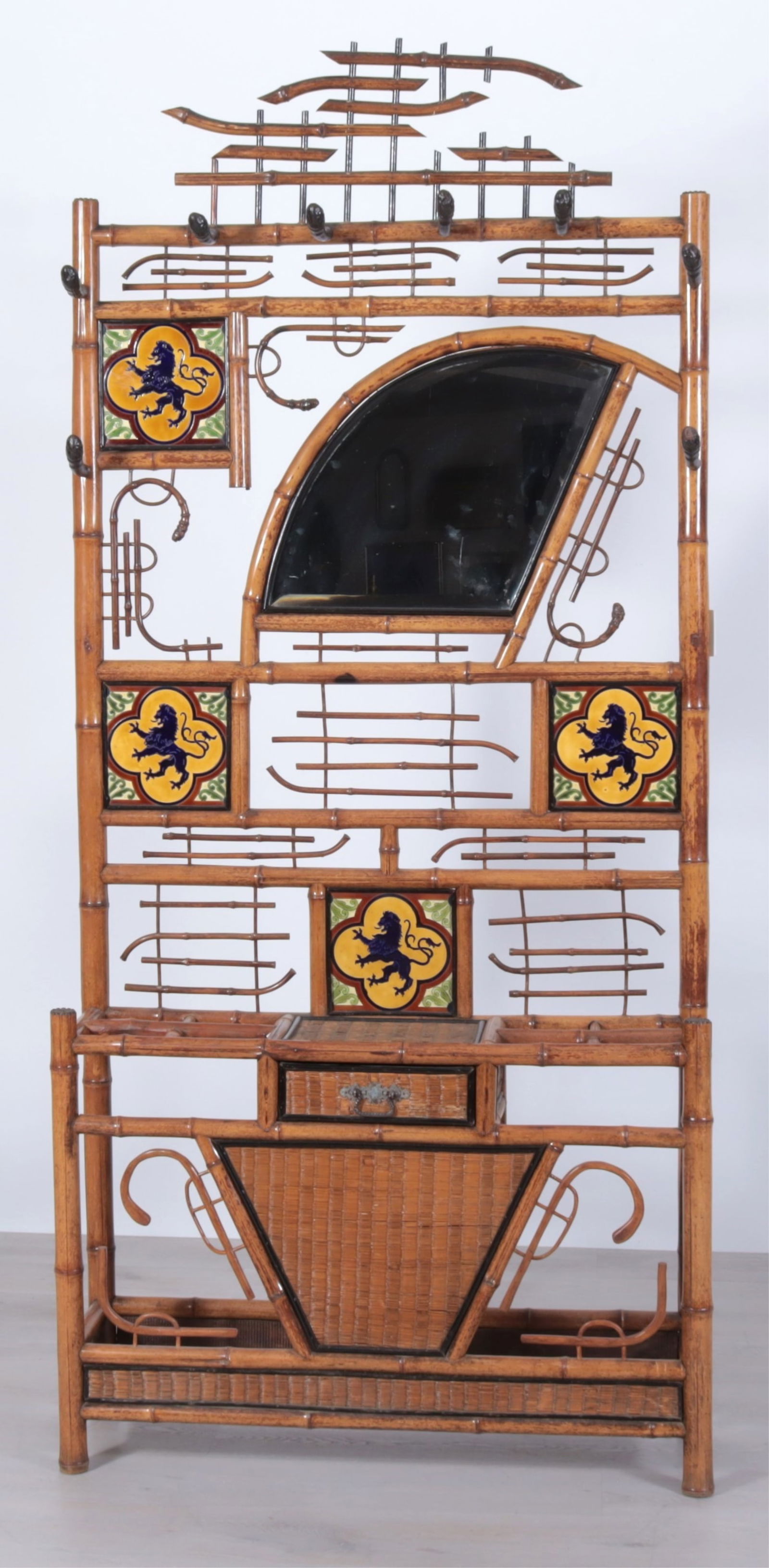 Brighton Pavillion Style Ceramic/Bamboo Hall Tree: Brighton Pavillion Style Ceramic & Bamboo Hall Tree, with rampant lion Minton's style plaques. Reportedly from the estate of Princess Diana.Dimensions: 87" H x 39.25" W x 12" D