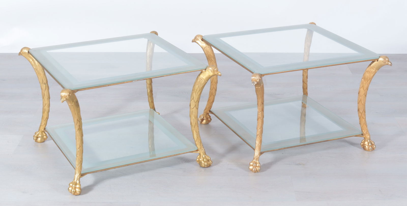 Pair Classical Style Gilt Bronze End Tables: Pair Classical Style Gilt Bronze End Tables, in the manner of P.E. Guerin, with eagle headsDimensions: 18" H x 26.25" Sq.