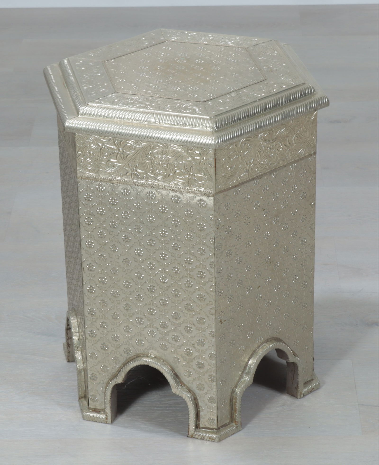 Orientalist Repousse Metal Clad Hexagonal Table - 2