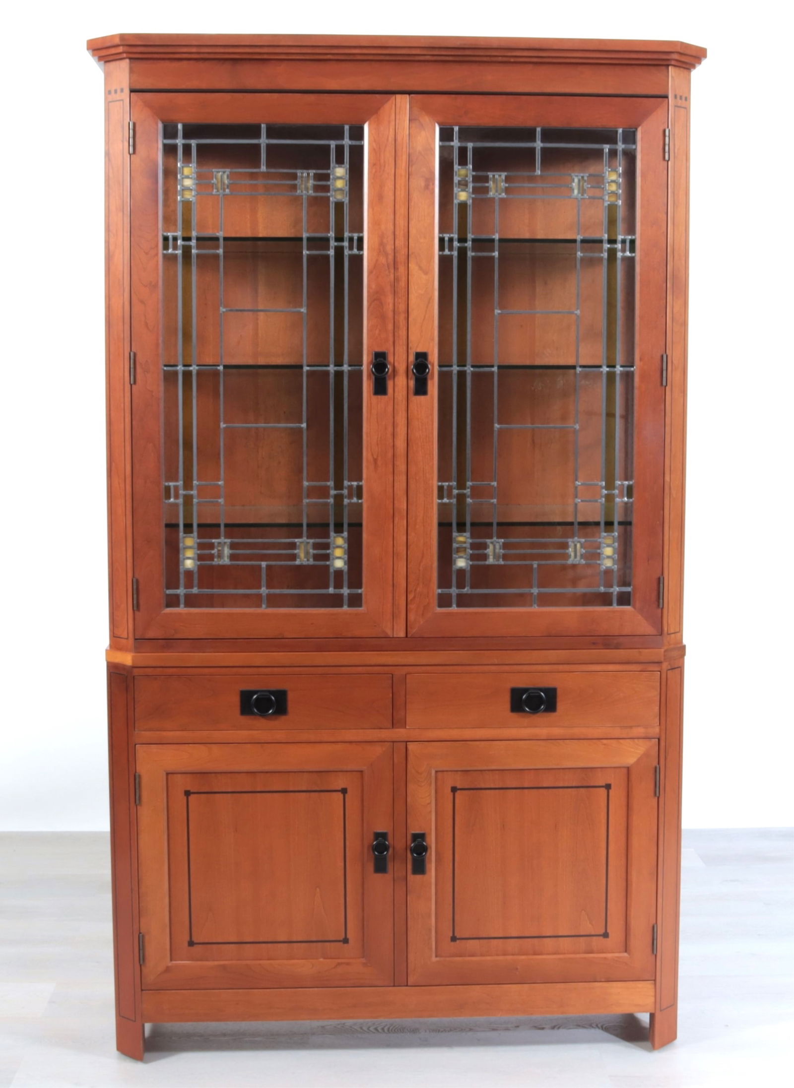 Stickley Contemporary Arts & Crafts Style Cabinet: Stickley Contemporary Arts & Crafts Style Cherry Cabinet, with leaded stained glass panelsDimensions: 82" H x 49" W x 18" DProperty from the Estate of Mary C. Bailey