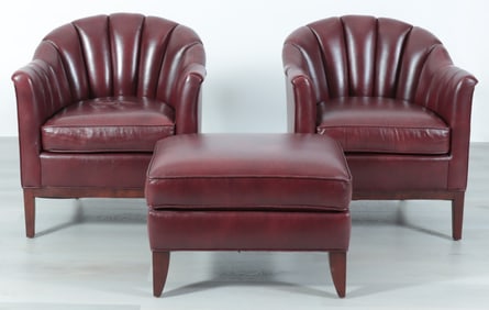 Pair Stickley Burgundy Club Chairs & Ottoman