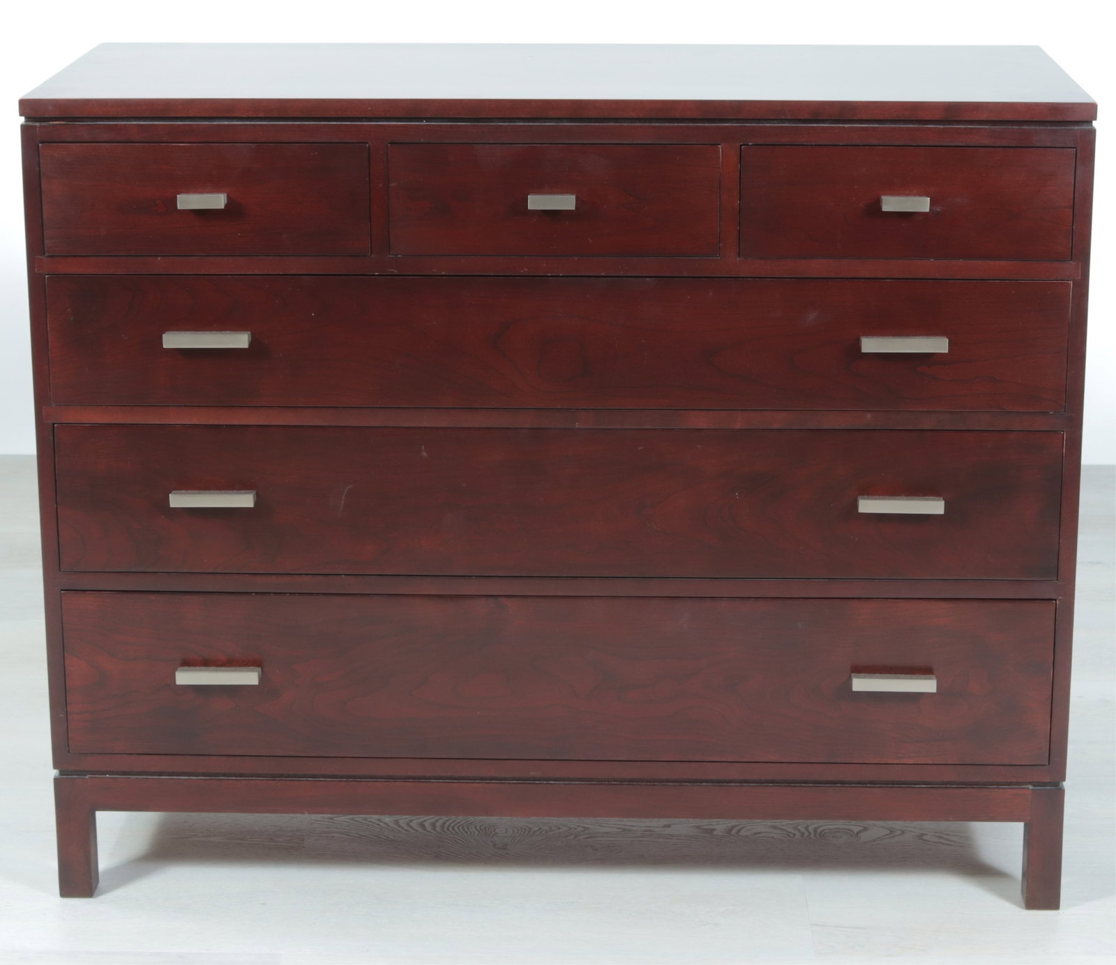 Stickley Mahogany 6-Drawer Dresser: Stickley mahogany six-drawer dresser, three short drawers over three long drawers, with metal bar pulls.Dimensions: 37 1/2" H x 46 1/2" W x 18 3/4" DProperty from the Estate of Mary C. Bailey