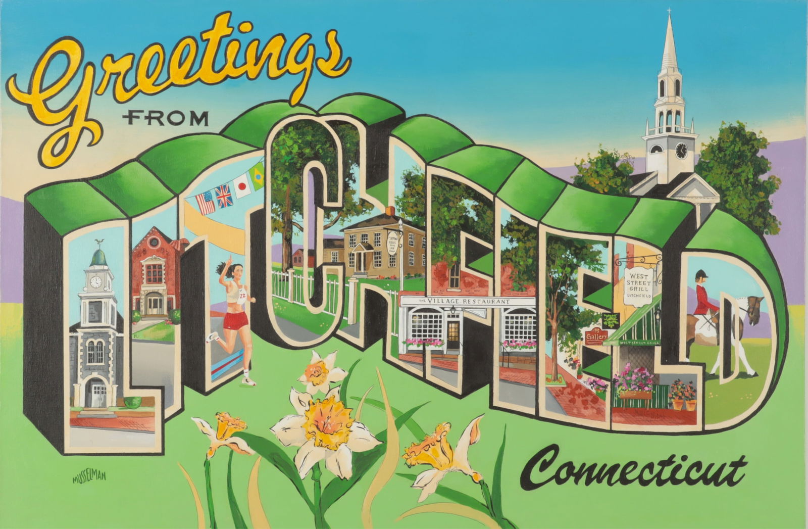 Ken Musselman - Greetings from Litchfield O/C: Ken Musselman (American, 21st C) Greetings from Litchfield, CT, oil on canvas, signed lower left. Also signed and dated '11 on stretcher. Dimensions: 20" H x 30" W 