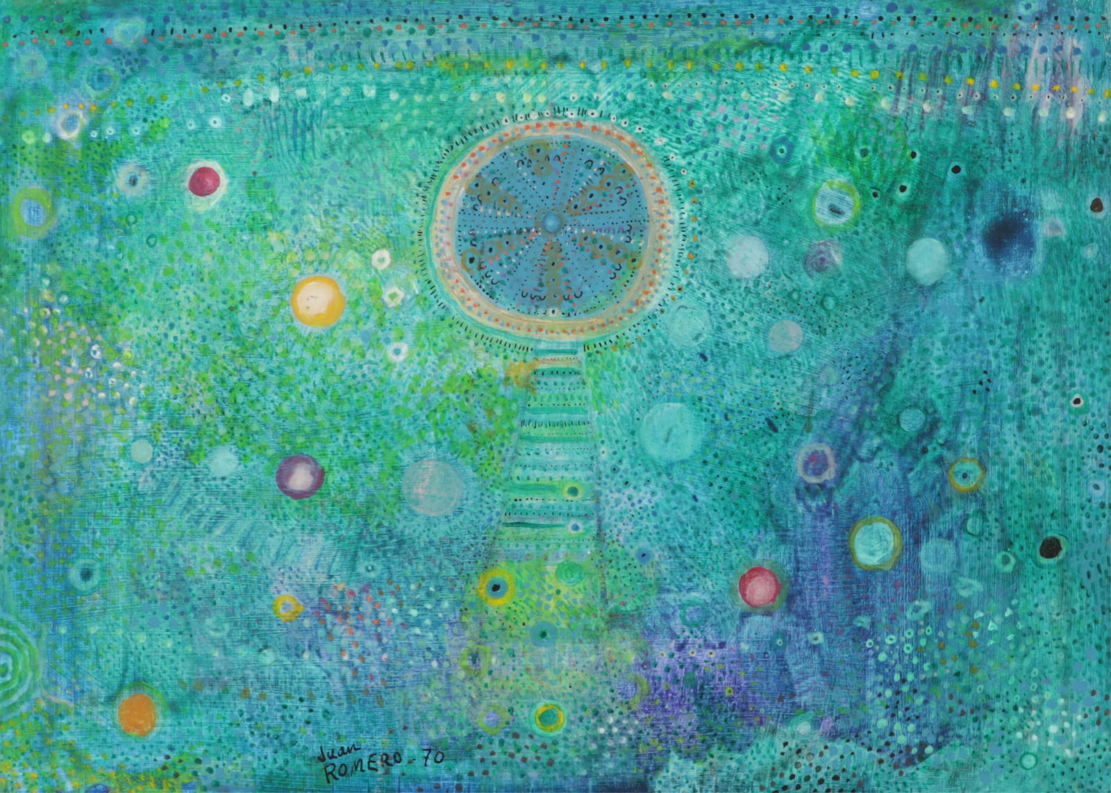 Juan Romero Fernandez - La Gran Ventana Verde O/P: Juan Romero Fernandez (Spanish, 1932-1996) "La Gran Ventatna Verde" (The Big Green Window), oil on panel. Signed and date (19)70 lower left. Signed, titled, inscribed verso. Dimensions: 8 x 11",