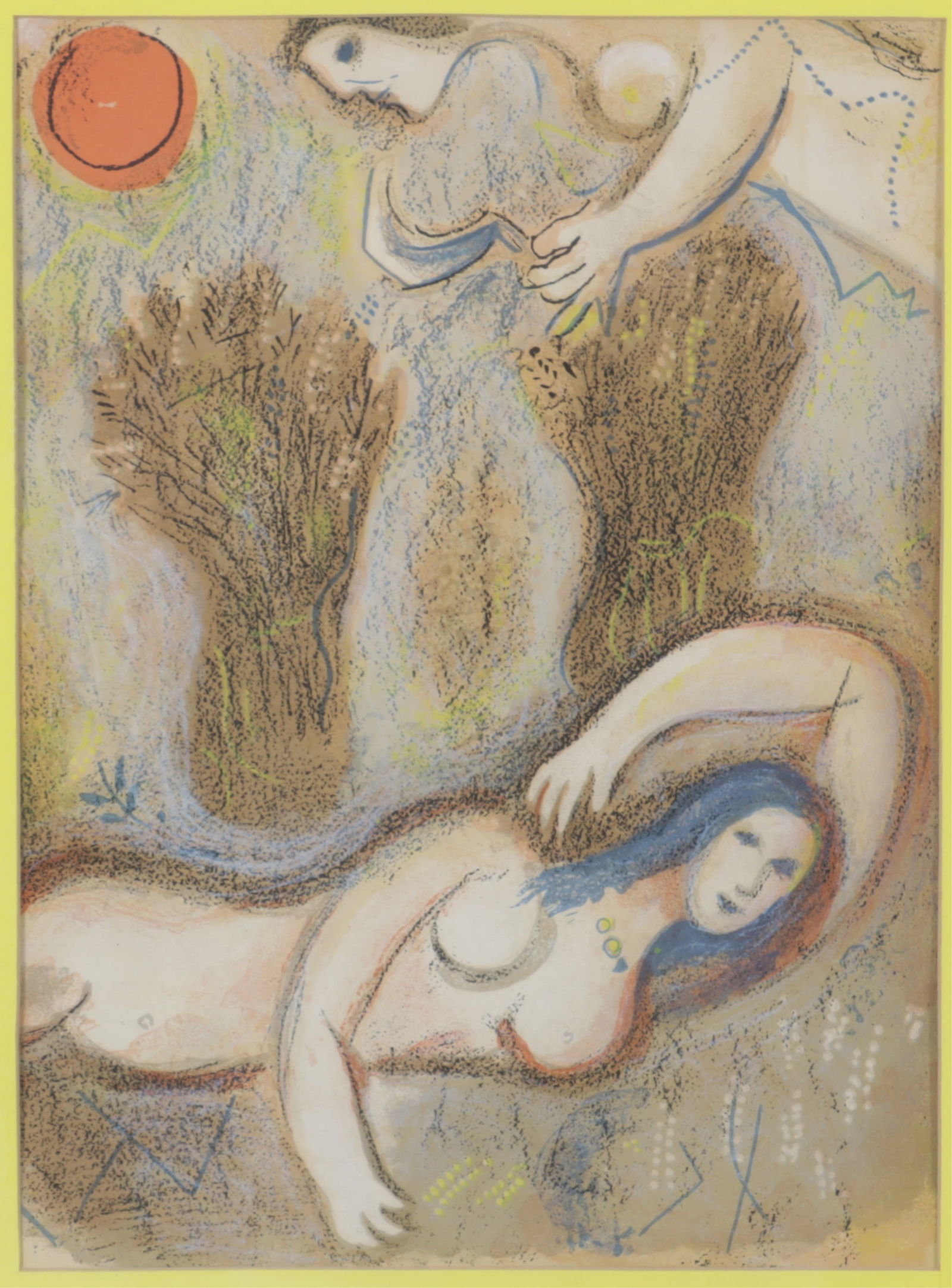 Aft Marc Chagall - Boaz Wakes Up and Sees Ruth...: After Marc Chagall (1887-1985) "Boaz Wakes Up and Sees Ruth at His Feet", lithograph in colors, designed for and published by VERVE for the volume ?Dessins pour La Bible", circa 1960s. Dimensions: