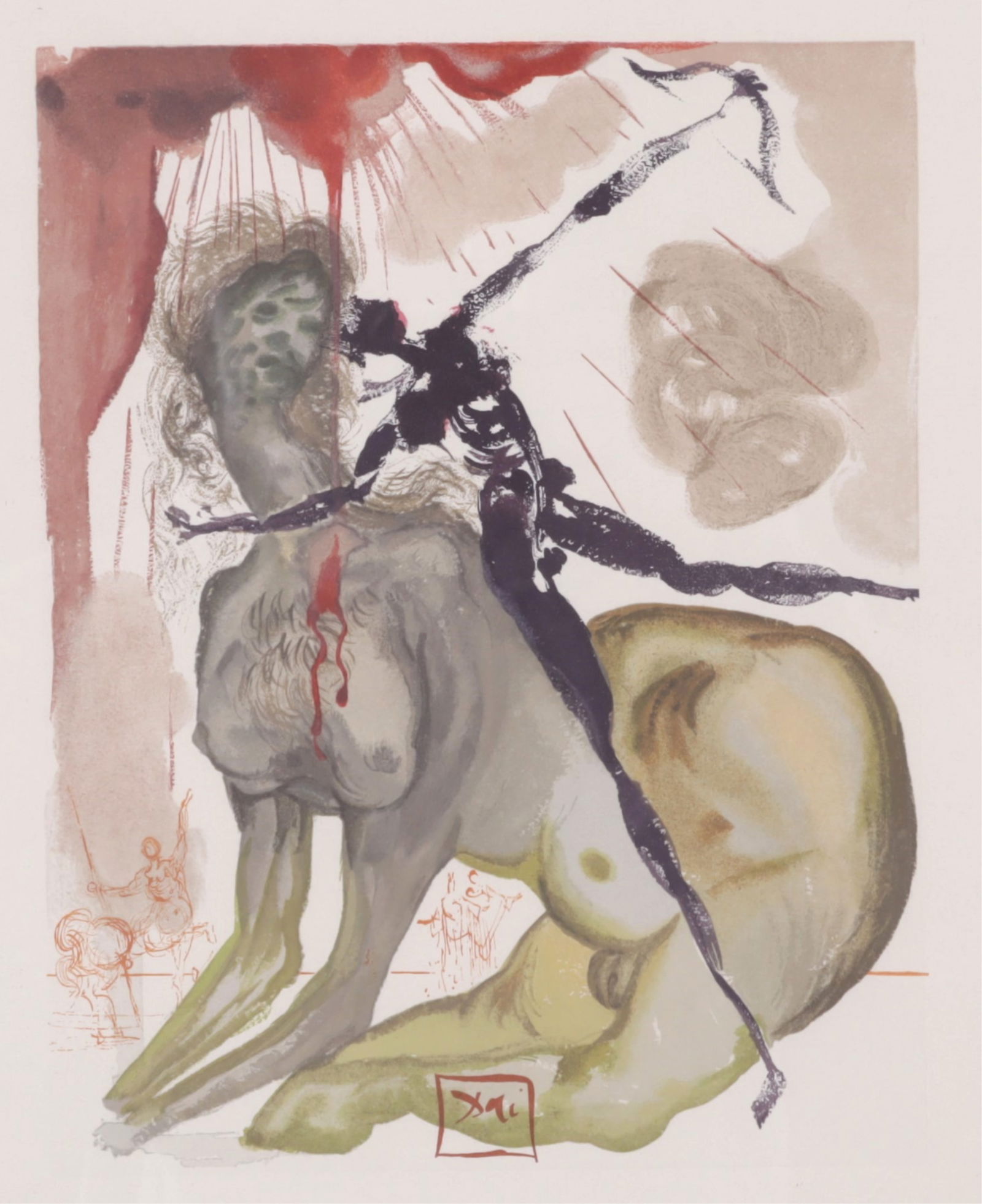 After Salvador Dali - The Minotaur - Engraving: After Salvador Dali, Spanish, 1904-1989, The Inferno, Canto 12, Le Minotaur, color wood engraving on rives paper after a watercolor, signed in the block, blindstamp of the editor, J. Estrade. Note: