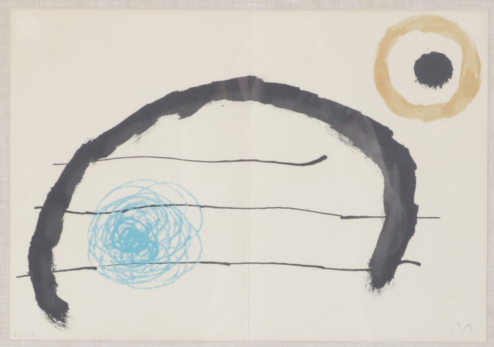 Joan Miro - Obra Inedita Recent, Plate IX, 1964: Joan Miro (Spanish, 1893-1983) Plate IX from the 1964 portfolio Obra Inedita Recent (Recent Unpublished Work) published by Sala Gaspar. Pencil initialed M lower right, numbered 21 of 100, Guarro water