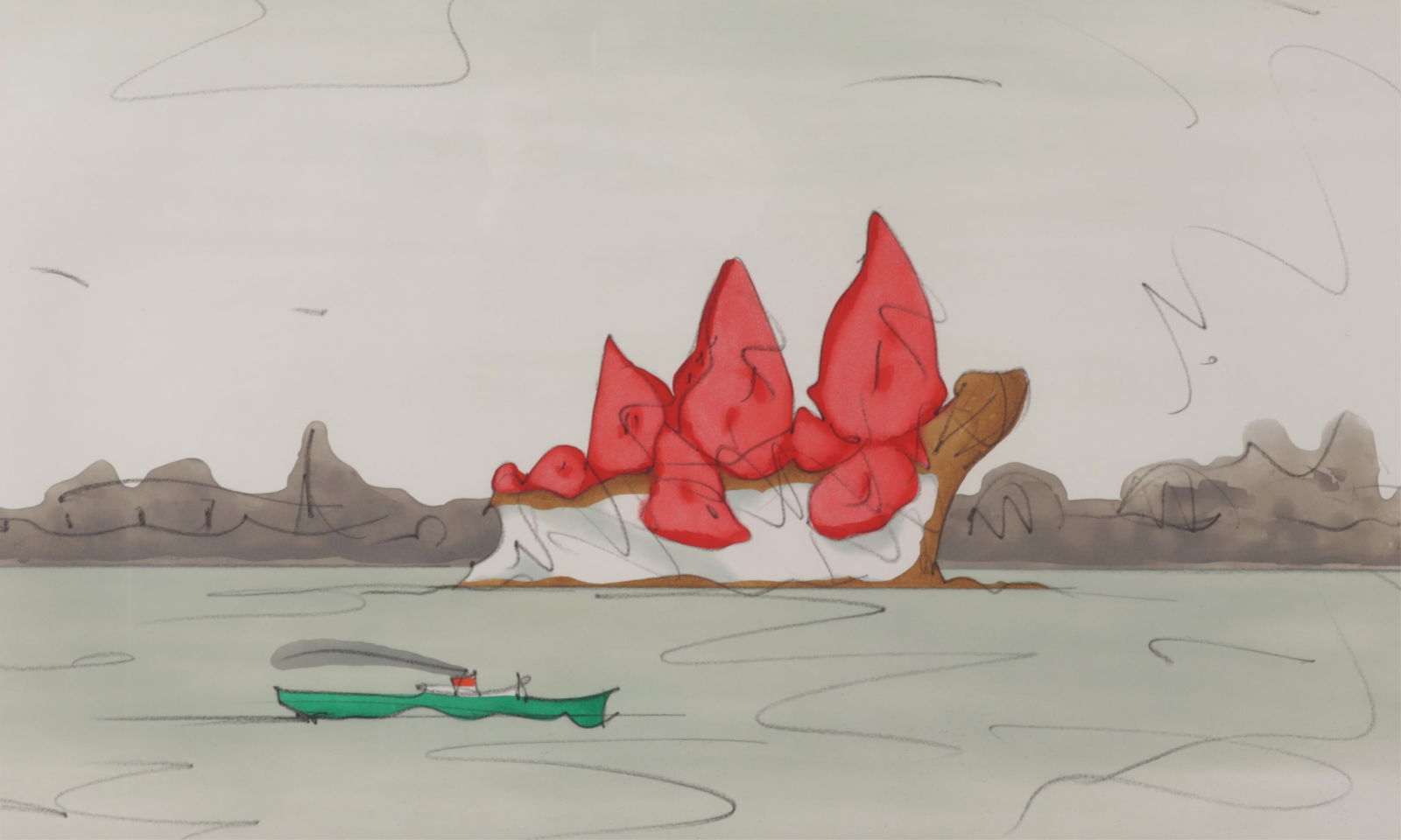 Claes Oldenburg - Slice of Cheesecake Etching: Claes Oldenburg (b. 1929, Stockholm, d. 2022, New York). Proposed monument for Mill Rock, East River, NYC. Depicting a slice of strawberry topped cheesecake within New York Harbor, as a boat passes by