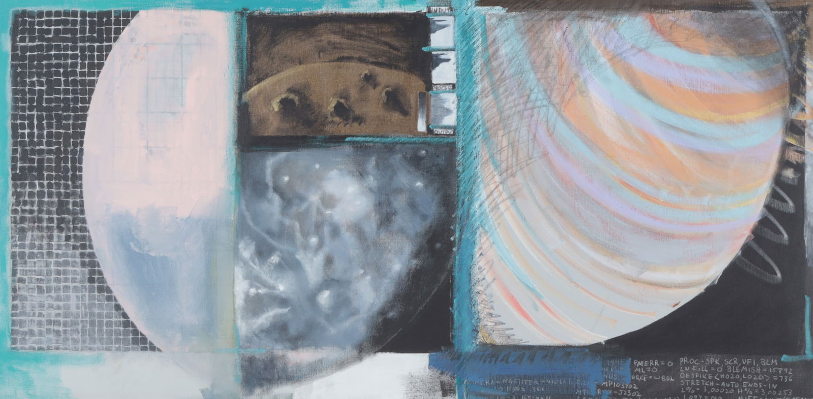 Kate Sasanoff - Voyager Live - A/C: Kate Sasanoff, American,1950-2025, Voyager Live Encounter Images, acrylic on canvas, signed lower right, en verso signed and dated 7-86. Biography: American Artist Kate Sasanoff works are her own