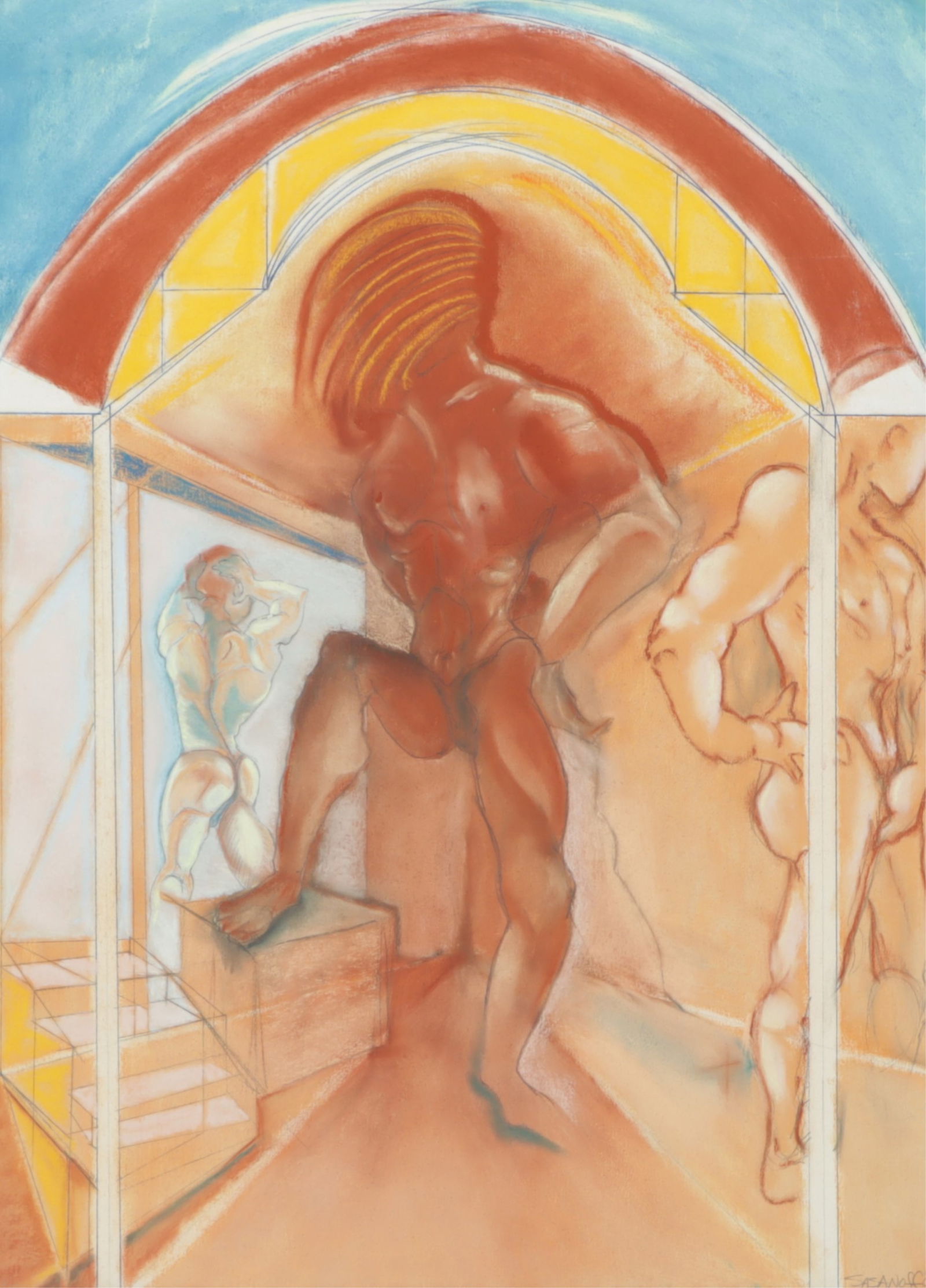 Kate Sasanoff - Male Nude - pastel on paper: Kate Sasanoff, American, 1950-2025, Male Nude, pastel and ink on paper, signed lower right. Biography: American Artist Kate Sasanoff works are her own modern perceptions, inspired by past movements