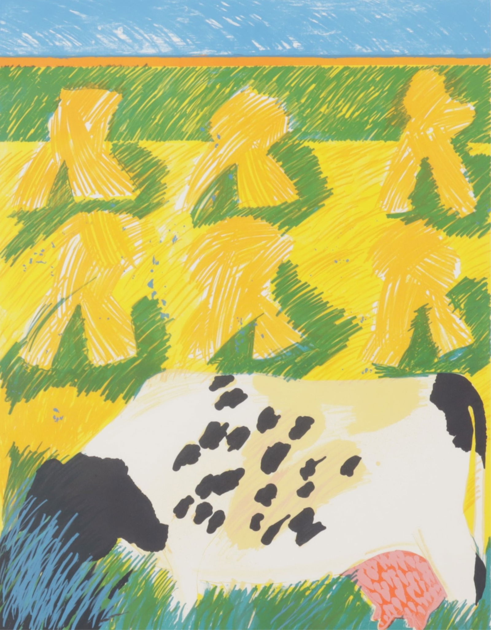 Jan Cremer - Koe met Korenschoven - lithograph: Jan Cremer, Dutch, 1940-2024, Koe met Korenschoven (Cow with sheaves of corn), 1975, color lithograph, en verso collage, pencil numbered 19/80, signed and dated, Note: Jan Cremer, a Dutch avant-garde