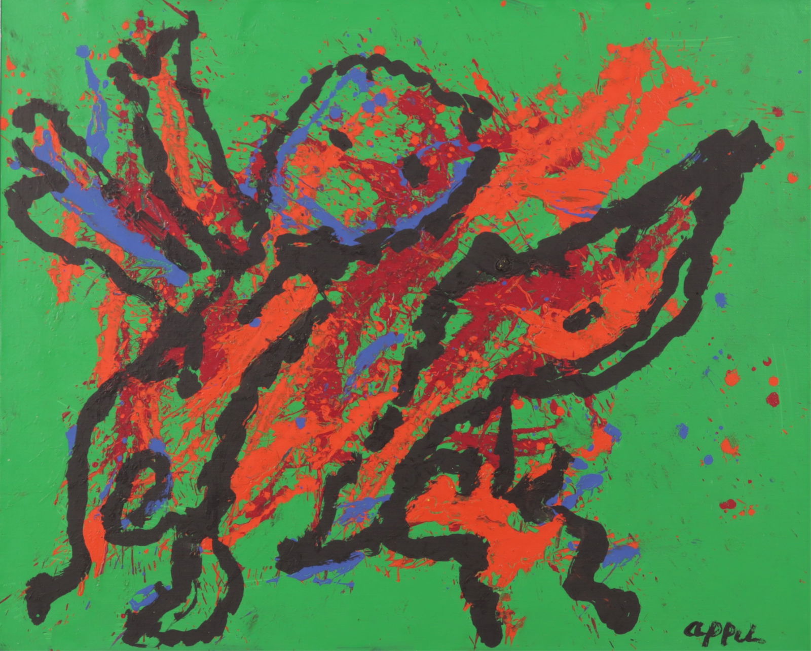 Karel Appel - Jumping in the Green - A/P/C: Karel Appel, Dutch, 1921-2006, Springend in het groen (Jumping in the green), 1975, acrylic on paper on canvas, signed lower right. Provenance: Purchased van Marle & Bignell Auction Gallery, dated Sep