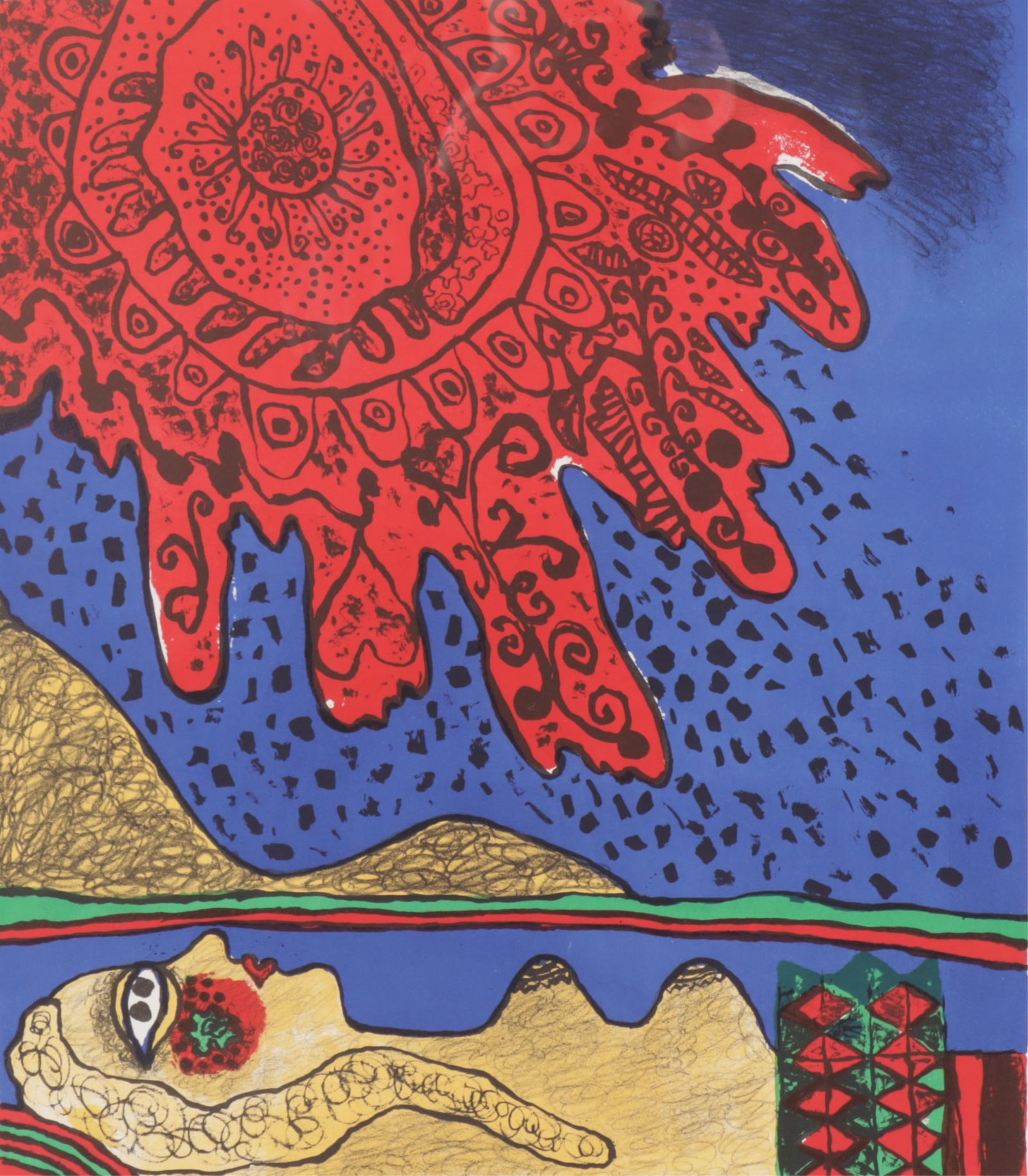 Corneille - Ollintonatiuh - Lithograph: Corneille Guillaume van Beverloo, Dutch, 1922-2010, Ollintonatiuh, 1973, color lithograph, pencil no.33/100, signed and dated c.1973. Note: Founding member of the avant garde movement CoBrA , Plate